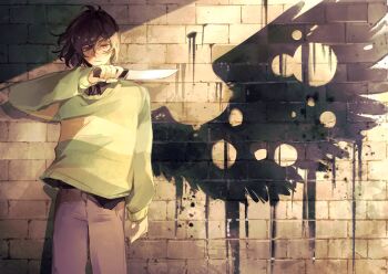 angel_with_a_shotgun arm_up black_wings brick_wall bullet_hole closed_mouth deltarune derivative_work drawn_wings graffiti highres kris_(deltarune) long_sleeves paint parody shirt single_wing solo spray_paint standing tuofu utdr_(toby_fox) wings