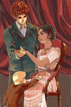 amuro_ray bindi child dark_skin dress eye_contact family green_eyes gundam holding_hands lalah_sune looking_at_another mobile_suit_gundam