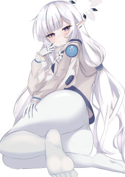 1girl absurdres ass blue_archive bodysuit brown_cardigan cardigan commentary_request earclip from_behind hair_tubes halo highres himari_(armed)_(blue_archive) himari_(blue_archive) long_hair looking_back mole mole_under_eye multicolored_halo nekka_(87398o9514) pointy_ears simple_background solo two-tone_halo very_long_hair white_background white_bodysuit white_hair white_halo