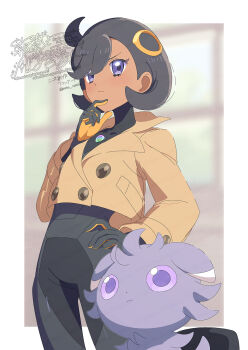1girl black_bodysuit black_gloves black_hair blush bodysuit breasts brown_jacket closed_mouth dark-skinned_female dark_skin emma_(pokemon) espurr finger_to_own_chin gen_6_pokemon gloves hair_ornament highres jacket latex latex_bodysuit mega_stone nintendo orange_gloves pokemon pokemon_(creature) pokemon_legends:_z-a purple_eyes serizawa_serizane short_hair two-tone_gloves
