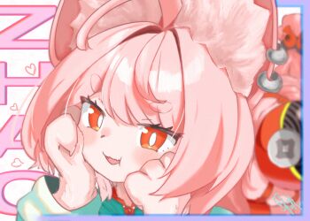 1girl absurdres ahoge animal_ear_fluff animal_ear_piercing animal_ears aosanorimisosoup blush braid bright_pupils commentary_request furry furry_female hair_ornament highres long_hair looking_at_viewer open_mouth pink_fur pink_hair rabbit_ears rabbit_girl red_eyes shirt short_eyebrows solo thick_eyebrows twin_braids white_pupils zenless_zone_zero zhao_(zenless_zone_zero)