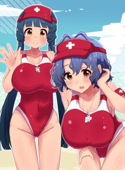 absurdres blue_hair blue_sky blunt_bangs breasts brown_eyes cait_sith47 cloud commentary_request competition_swimsuit covered_navel green_hair highleg highleg_one-piece_swimsuit highres idolmaster idolmaster_million_live! kitakami_reika large_breasts lifeguard long_hair one-piece_swimsuit red_one-piece_swimsuit red_visor short_hair sky swimsuit toyokawa_fuka twintails visor_cap waving whistle whistle_around_neck