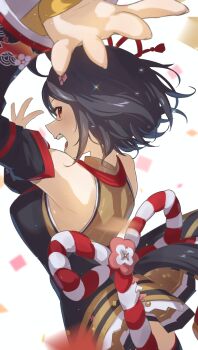 1girl absurdres ahoge animal_ears armpits black_hair blush bow breasts chanchanko_(clothes) ear_ornament ear_ribbon flower_ornament from_behind hair_between_eyes hair_ornament highres horse_ears horse_girl horse_tail kitasan_black_(crowning_ooban)_(umamusume) kitasan_black_(umamusume) kouhaku_nawa looking_at_viewer looking_back multicolored_hair open_mouth red_eyes rope shimenawa short_hair sideboob smile solo streaked_hair tail umamusume white_hair yakousei_a
