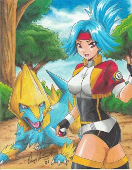 1girl 2021 artist_name ass bandana belt black_leotard black_thighhighs blue_fur blue_hair breasts claws cowboy_shot cropped_jacket fangs fingerless_gloves gen_3_pokemon gloves high_ponytail highres holding holding_poke_ball jacket large_breasts leotard manectric nintendo open_mouth pink_eyes poke_ball pokemon pokemon_(creature) pokemon_ranger_(series) pokemon_ranger_(game) ponytail ravernclouk_design red_bandana red_eyes red_jacket short_sleeves snout solana_(pokemon) standing tail thick_thighs thighhighs thighs tongue traditional_media yellow_fur