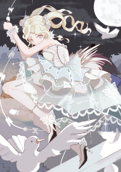 Rule 34 | 1girl, absurdres, ballerina, bare shoulders, bird, black sky, blonde hair, bug, butterfly, chinese commentary, cloud, commentary request, covered mouth, dancing pearl (infinity nikki), dot nose, dove, dress, drill hair, eyelashes, floating clothes, floating hair, full body, full moon, fur wrist cuffs, hair bobbles, hair ornament, hair scrunchie, high heels, highres, holding, holding string, infinity nikki, insect, jumping, knee up, lace, lace-trimmed dress, lace pantyhose, lace trim, moon, night, nikki (series), outdoors, pantyhose, purple eyes, railing, scrunchie, shoes, short dress, sky, so ni ni, solo, sparkle, stiletto heels, string, tree, twin drills, twintails, white dress, white pantyhose, white scrunchie, white shoes, white wrist cuffs, wrist cuffs