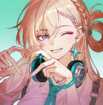 Rule 34 | 1girl, aqua necktie, blonde hair, braid, breasts, commentary request, earrings, fingernails, green background, hair ornament, hands up, headphones, headphones around neck, hei xing (pixiv 5165661), jewelry, large breasts, long fingernails, long hair, looking at viewer, lynae (wuthering waves), nail polish, necktie, one eye closed, pink nails, portrait, purple eyes, shirt, skull hair ornament, smile, solo, star (symbol), star earrings, white shirt, wuthering waves