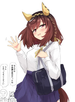 1girl 2girls absurdres blue_skirt brown_hair buena_vista_(umamusume) commentary_request gryebooks highres horse_girl looking_at_viewer multiple_girls open_mouth pleated_skirt shirt skirt smile solo umamusume white_shirt