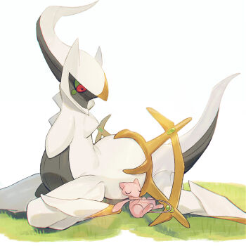 arceus closed_eyes colored_sclera commentary_request gen_1_pokemon gen_4_pokemon grass green_sclera highres kibou_shuukan legendary_pokemon looking_at_another looking_down lying mew_(pokemon) mythical_pokemon nintendo no_humans pokemon pokemon_(creature) red_eyes u_u white_background