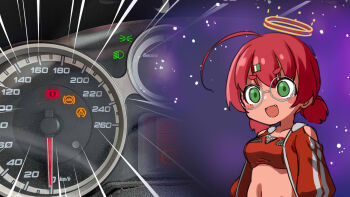 1girl :d ahoge alfa_romeo alfa_romeo_mito bare_shoulders breasts car_interior clothing_cutout collarbone commentary_request dashboard emphasis_lines fang glasses green_eyes grey-framed_eyewear hair_ornament halo highres italian_flag jacket long_sleeves low_twintails medium_breasts meme navel open_clothes open_jacket open_mouth original personification photo_inset puffy_long_sleeves puffy_sleeves red_hair red_jacket round_eyewear sekira_ame short_eyebrows short_twintails shoulder_cutout smile solo space_cat_(meme) thick_eyebrows twintails