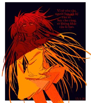 1girl avanes_d black_background blonde_hair bow dated dress dress_bow earrings feet_out_of_frame high_collar jewelry kaname_madoka limited_palette long_hair looking_up mahou_shoujo_madoka_magica mitakihara_school_uniform school_uniform single_earring solo standing twintails vietnamese_text yellow_bow yellow_dress yellow_eyes yellow_theme