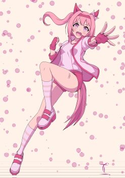 Rule 34 | 1girl, animal ears, bandaid, bandaid on leg, blush, bow, breasts, buruma, clenched hand, commentary, ear bow, ear covers, fingerless gloves, flower-shaped pupils, flower in eye, gloves, haru urara (bestest prize) (umamusume), haru urara (umamusume), headband, highres, horse ears, horse girl, horse tail, isaasvalerio1, jacket, long hair, looking at viewer, open mouth, pink buruma, pink eyes, pink hair, pink headband, ponytail, red buruma, red gloves, red headband, shirt, shoes, small breasts, smile, socks, solo, striped clothes, striped socks, symbol-shaped pupils, symbol in eye, tail, umamusume, white jacket, white shirt