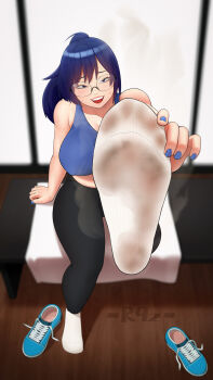 1girl absurdres blue_eyes blue_hair feet glasses highres leggings light_blush long_hair looking_at_viewer open_mouth ponytail r9z shoes smell socks soles sports_bra steam unworn_shoes white_socks