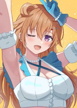 1girl ;d armpits arms_up azakura_(beniyomogi) blue_gloves blush breasts brown_hair cleavage commentary_request daydream_mermaid earrings frills gloves hair_between_eyes hair_horns hair_ornament hairclip jewelry konoe_kanata large_breasts long_hair looking_at_viewer love_live! love_live!_nijigasaki_high_school_idol_club love_live!_nijigasaki_high_school_idol_club_the_movie_-_finale official_alternate_costume one_eye_closed open_mouth purple_eyes smile solo star_(symbol) star_earrings upper_body yellow_background