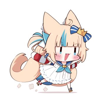 Rule 34 | 1girl, ahoge, animal ear fluff, animal ears, blonde hair, blue bow, blue eyes, blue sailor collar, blue scrunchie, blue streaks, blush, bow, chibi, chibi only, dress, fang, frilled dress, frilled sailor collar, frills, highres, indie virtual youtuber, lifebuoy anklet, lifebuoy hair ornament, long hair, low twintails, multicolored hair, one side up, open mouth, paper boat, sailor collar, sailor dress, sameko saba, sandals, scrunchie, simple background, solo, streaked hair, twintails, very long hair, virtual youtuber, white background, white dress, wrist scrunchie, yuudai1998