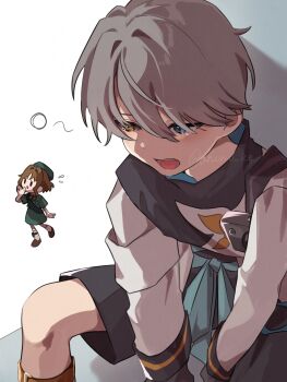 1boy 1girl aisu_(ahono_ice) beret black_shorts blue_eyes brown_hair brown_shoes chibi chibi_inset coat colored_sclera dress eagle_(reverse:1999) feet_out_of_frame from_above green_dress green_hat green_sash grey_hair grey_sclera hand_up hat heterochromia highres mismatched_sclera open_mouth reverse:1999 sash shoes short_hair short_sleeves shorts shoulder_sash sitting socks squeans tearing_up walking white_coat white_socks x_(reverse:1999) yawning yellow_eyes