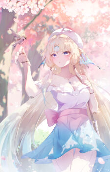1girl :o absurdres alternate_costume android beret bird bird_on_hand blonde_hair blue_dress blue_eyes breasts cleavage cowboy_shot dress elphe fins gradient_clothes gradient_dress hair_intakes hat head_fins highres honkai:_star_rail honkai_(series) jewelry joints large_breasts long_hair multicolored_hair necklace outdoors parted_bangs parted_lips pearl_(honkai:_star_rail) robot_joints sidelocks signature solo two-tone_hair very_long_hair white_dress white_hat