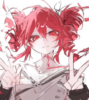 Rule 34 | 1girl, collared shirt, drill hair, green eyes, grey shirt, hair between eyes, hands up, highres, kasane teto, kasane teto (sv), long sleeves, parted lips, red eyes, red hair, shirt, short hair, simple background, solo, synthesizer v, twin drills, ummwa, veil, white background, white veil