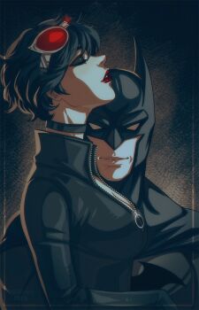 Rule 34 | 1boy, 1girl, batman, batman (series), black bodysuit, black hair, bodysuit, catwoman, dc comics, goggles, goggles on head, highres, inksilvery, red-tinted eyewear, red lips, selina kyle, short hair, tinted eyewear, upper body