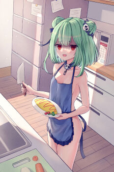 1girl absurdres apron blue_apron blue_collar blue_ribbon breasts carrot collar cooking cutting_board detached_collar double_bun earrings empty_eyes fang food green_eyes green_hair hair_bun hair_ornament hair_ribbon highres holding holding_knife holding_plate hololive jewelry kitchen knife looking_at_viewer microwave naked_apron omelet omurice onion plate ray_peng red_eyes refrigerator ribbon shaded_face short_hair sidelocks sink skull_earrings skull_hair_ornament small_breasts solo uruha_rushia vegetable virtual_youtuber yandere