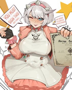 1girl absurdres alohapz artist_name black_gloves blue_eyes blush collar commentary dress elphelt_valentine english_text fingerless_gloves flying_sweatdrops gloves grin guilty_gear guilty_gear_strive hairband highres holding holding_paper looking_at_viewer marriage_certificate_(object) one_eye_closed paper pink_collar pink_hairband purple_hair short_hair smile solo speech_bubble spiked_collar spiked_hairband spikes sweat symbol-only_commentary white_dress white_hair