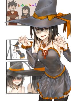... 1boy 1girl araido_kagiri blush bowl collarbone comic detached_sleeves embarrassed fang flashback halloween hat highres mirror original paw_pose ribbon short_hair silent_comic skirt sleeveless solo_focus thighhighs trick_or_treat witch_hat yellow_eyes zettai_ryouiki