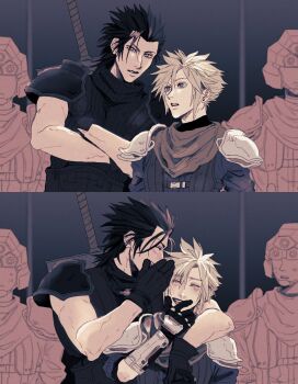 2boys 2others armor arms_around_neck black_gloves black_hair black_sweater blonde_hair blush buster_sword cloud_strife crisis_core:_final_fantasy_vii crossed_arms final_fantasy final_fantasy_vii gloves highres ht8207 jacket male_focus multiple_boys multiple_others scarf sequential shinra_infantry shinra_infantry_uniform shoulder_armor sleeveless sleeveless_turtleneck smile spiked_hair sweater sword sword_on_back turtleneck turtleneck_sweater upper_body weapon weapon_on_back whispering zack_fair