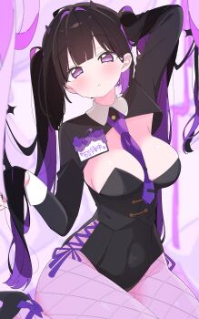 Rule 34 | 1girl, absurdres, ankle bow, ankle ribbon, arm behind head, arm up, between breasts, black bustier, black hair, black leotard, black shoes, black shrug, blurry, blurry background, blush, bow, breasts, bustier, clothes between breasts, collared shrug, colored inner hair, commentary, cowboy shot, cross-laced slit, demon horns, fishnet pantyhose, fishnets, hair intakes, hair lift, hand up, high heels, highres, holding own hair, horns, large breasts, leotard, long hair, looking at viewer, multicolored hair, necktie, necktie between breasts, no nose, no pupils, original, pantyhose, parted lips, purple bow, purple eyes, purple hair, purple necktie, purple pantyhose, purple ribbon, raised eyebrows, ribbon, shoes, shrug (clothing), side slit, sitting, sleeve cuffs, solo, tie clip, translation request, two-tone hair, untranslatable commentary, uruti 2388, very long hair, vest, wariza