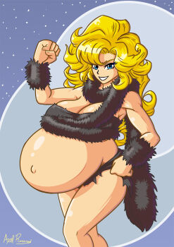 1girl axel-rosered ayla_(chrono_trigger) bad_id blonde_hair blue_eyes cavewoman chrono_trigger fur_cuffs fur_scarf fur_skirt highres midriff night night_sky pregnant prehistoric sky solo square_enix tribal