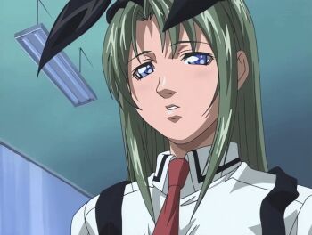 00s 1futa 1girl 2001 animal_ears animated animated_gif bible_black bible_black_night_of_the_walpulgiss blue_eyes breasts curtains futanari green_hair ito_mika large_breasts long_hair necktie rabbit_ears room scared school_uniform tagme