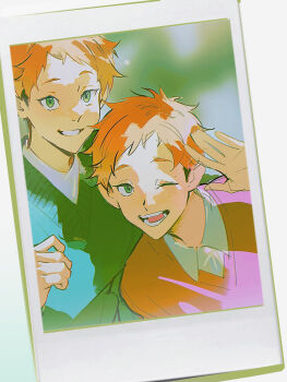 2boys freckles highres male_focus multiple_boys one_eye_closed open_mouth orange_hair original photo_(object) shirt short_hair siblings smile sweater_vest upper_body xiaojiaju