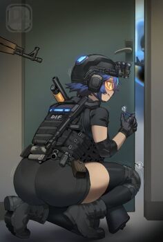 1girl 2others artist_logo ass black_boots black_gloves black_shirt black_shorts boots bulletproof_vest combat_boots combat_helmet dif_(difman) difman door gloves gun helmet kneeling laser_sight logo multiple_others original ready_or_not rifle shirt short_hair shorts tactical_clothes thick_thighs thighs video_game weapon wire_cutters yellow_visor