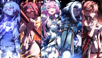 Rule 34 | 5girls, absurdres, aemeath (wuthering waves), aiming, aiming at viewer, black collar, black jacket, blue bra, body markings, bodysuit, bra, breasts, changli (wuthering waves), cleavage, collar, colored eyelashes, commentary, cropped jacket, cs (connectedskyy), dress, english commentary, finger to mouth, galbrena (wuthering waves), gloves, grey hair, grin, hair ornament, hairband, headgear, highres, holding, holding microphone, holding pole, id card, index finger raised, jacket, leotard, looking at viewer, lupa (wuthering waves), medium breasts, metal hairband, microphone, mornye (wuthering waves), multiple girls, pink hair, pole, purple dress, red eyes, shushing, smile, tacet mark (wuthering waves), underwear, white bodysuit, white dress, white gloves, white leotard, wuthering waves, yellow eyes