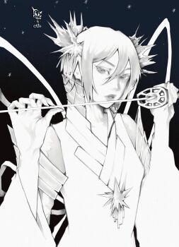 1girl back_ribbon bankai bleach bleach:_sennen_kessen-hen detached_sleeves dress hair_ornament hakka_no_togame_(bankai) high_collar highres holding holding_sword holding_weapon ice kuchiki_rukia looking_at_viewer monochrome official_alternate_eye_color official_alternate_hair_color parted_lips short_hair sleeveless sleeveless_dress snowflakes solo sword upper_body vinsent weapon white_eyes zanpakutou