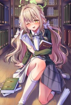 1girl absurdres blonde_hair blue_archive blush book bookshelf bow braid brown_eyes collared_shirt commentary_request diagonal-striped_bow green_bow green_halo green_jacket hair_between_eyes hair_bow hair_ornament halo highres hirorinwelcome holding holding_book holding_scroll indoors jacket kneehighs long_hair long_sleeves looking_at_viewer miyo_(blue_archive) one_eye_closed open_mouth scroll shirt shoes skirt smile socks solo striped_bow very_long_hair white_bow white_shirt white_skirt white_socks