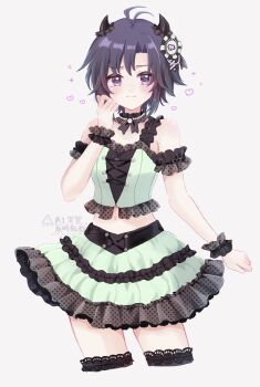 1girl absurdres antenna_hair arm_garter black_hair closed_mouth commentary_request cowboy_shot crop_top demon_horns fake_horns frilled_skirt frilled_straps frilled_wrist_cuffs frills green_skirt hand_up heart heart-shaped_pupils highres horns idolmaster idolmaster_(classic) idolmaster_million_live! idolmaster_million_live!_theater_days kikuchi_makoto looking_at_viewer midriff navel purple_eyes secret_lip_(idolmaster) shirako_(srk_srtk) short_hair simple_background skirt sleeveless smile solo standing symbol-shaped_pupils watermark white_background wrist_cuffs