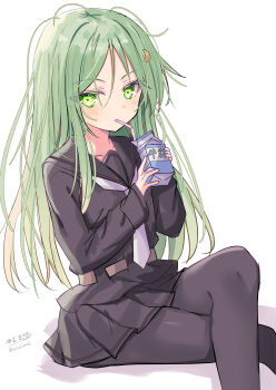 1girl absurdres crescent crescent_hair_ornament drink_carton drinking drinking_straw green_eyes green_hair hair_ornament highres hizaka kantai_collection long_hair looking_at_viewer milk_carton nagatsuki_(kancolle) neckerchief pantyhose school_uniform serafuku sitting skirt skirt_set solo tsurime twitter_username