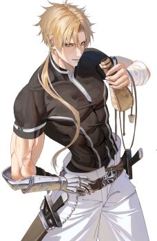 Rule 34 | 1boy, abs, absurdres, bandaged arm, bandages, belt, black shirt, blonde hair, dual wielding, ear piercing, feet out of frame, gauntlets, green eyes, highres, holding, holding canteen, lower teeth only, male focus, mushoku tensei, open mouth, pants, paul greyrat, pectorals, piercing, ponytail, rasipan, scabbard, sheath, sheathed, shirt, short hair, simple background, single gauntlet, solo, sweat, sword, teeth, toned, toned male, weapon, white background, white pants
