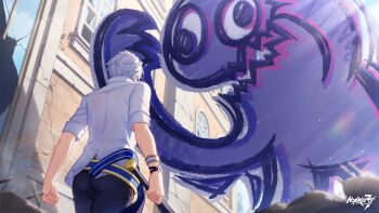 1boy ass baseball_bat blue_shorts commentary english_commentary from_behind game_cg highres holding holding_baseball_bat honkai_(series) honkai_impact_3rd kevin_kaslana male_focus monster official_art shirt short_hair shorts white_hair white_shirt