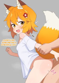 1boy 1girl animal_ear_fluff animal_ears blonde_hair bottomless clothed_female_nude_male commentary english_commentary english_text fang fox_ears fox_girl fox_tail grabbing_another's_arm grey_background hair_ornament highres loli mikoscrub nude off-shoulder_shirt off_shoulder open_mouth oversized_clothes plap senko_(sewayaki_kitsune_no_senko-san) sewayaki_kitsune_no_senko-san sex sex_from_behind shirt short_sleeves simple_background speech_bubble standing standing_sex sweat tail white_shirt yellow_eyes