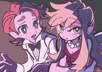 1boy 1girl blonde_hair blue_eyes blush breasts brief_(psg) cleavage colored_inner_hair commentary couple dress earrings freckles hair_pulled_back hetero highres jewelry long_hair looking_at_viewer medium_breasts multicolored_hair necklace official_style open_mouth orange_hair panty_&amp;_stocking_with_garterbelt panty_&amp;_stocking_with_garterbelt_(style) panty_(psg) red_dress sono_(samusu_gi) symbol-only_commentary tuxedo