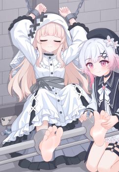 2girls absurdres barefoot beret black_hat blonde_hair bound cellphone closed_eyes commentary_request cross cross_earrings cross_ornament dress earrings eugenecolin flower frilled_dress frills glass_bottle hair_ornament hat hat_flower highres hikami_meruru hime_cut holding_another's_foot jewelry mahou_shoujo_no_majo_saiban multiple_girls o-ring o-ring_thigh_strap phone pink_eyes pink_hair priestess restrained sakuraba_ema smartphone soles thigh_strap tickling tickling_feet toes veil white_dress white_flower white_hair white_veil x_hair_ornament