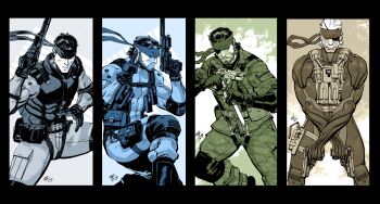 4boys absurdres age_progression beard belt big_boss bodysuit bulletproof_vest chest_harness dual_wielding eyepatch facial_hair gloves gun handgun harness headband highres holding holding_gun holding_knife holding_weapon knife male_focus metal_gear_(series) metal_gear_solid metal_gear_solid_2:_sons_of_liberty metal_gear_solid_3:_snake_eater metal_gear_solid_4:_guns_of_the_patriots multiple_boys mustache naked_snake old_snake pouch serious sneaking_suit solid_eye solid_snake suppressor thigh_pouch tom_reilly utility_belt utility_vest vest weapon