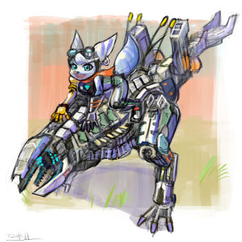 1girl alien animal_ears boots breasts furry goggles highres horizon_(video_game) horizon_zero_dawn machine mechanical_arms ratchet_&amp;_clank ratchet_&amp;_clank:_rift_apart rivet_(ratchet_&amp;_clank) scarf single_mechanical_arm striped_tail tail thigh_boots thighhighs