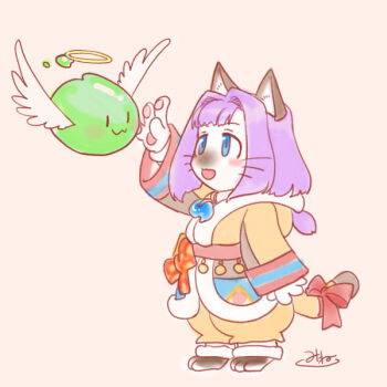 1girl :3 animal_ears barefoot blue_eyes blush bow brown_coat cat_ears cat_girl cat_tail coat commentary_request full_body furry furry_female grey_background halo niginigi open_mouth poporing purple_hair ragnarok_online red_bow signature simple_background slime_(creature) smile solo spirit_handler_(ragnarok_online) tail tail_bow tail_ornament traditional_halo whiskers wings yellow_halo