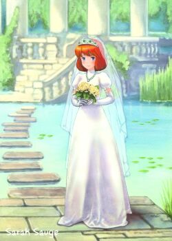 1girl artist_name blue_eyes blush bouquet bridal_veil bride brown_hair castle_of_cagliostro clarisse_de_cagliostro column cross dress elbow_gloves female_focus flower gem gloves grass green_gemstone jewelry lake lily_pad looking_at_viewer lupin_iii outdoors pendant pillar red_hair sarah_sauge short_hair smile solo stone_wall tiara veil wall water wedding_dress