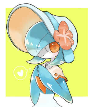 alternate_color blue_hair bob_cut bonnet colored_skin flower gardevoir gardevoir_(fashionable) gen_3_pokemon green_skin hair_over_one_eye hat hat_flower heart highres looking_at_viewer multicolored_skin nintendo orange_eyes pokemon pokemon_(creature) pokemon_unite shiny_pokemon simple_background smile square tayuta_(tayu_715) two-tone_skin white_skin yellow_background