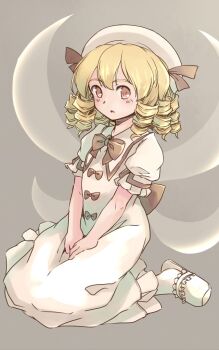 1girl back_bow black_bow black_bowtie blush bow bowtie brown_background brown_eyes collared_dress commentary_request dress drill_hair fairy fairy_wings full_body hat hat_ribbon long_dress luna_child one-hour_drawing_challenge parted_lips rangycrow ribbon short_sleeves sideways_glance slippers socks solo touhou white_dress white_hat white_slippers white_socks wings