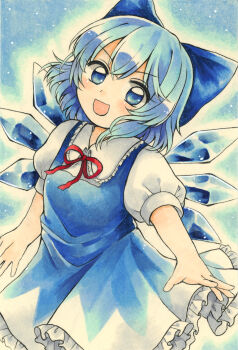 Rule 34 | 1girl, absurdres, bad id, bad pixiv id, blue bow, blue dress, blue eyes, blue hair, bow, breasts, cirno, collared shirt, commentary request, detached wings, dress, frilled dress, frilled shirt collar, frills, hair bow, highres, ice, ice wings, looking at viewer, maa (forsythia1729), marker (medium), neck ribbon, open mouth, pinafore dress, puffy short sleeves, puffy sleeves, red ribbon, ribbon, shirt, short hair, short sleeves, sleeveless, sleeveless dress, small breasts, smile, solo, touhou, traditional media, v-shaped eyebrows, white shirt, wings