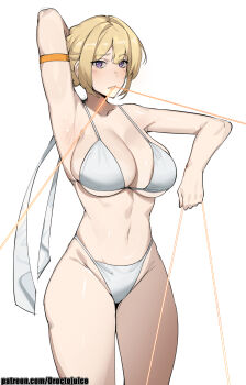 1girl arm_behind_head arm_strap armpits bikini blonde_hair breasts cleavage commentary dr_octojuice english_commentary evelyn_chevalier hair_bun highleg highleg_bikini highres large_breasts looking_at_viewer mouth_hold navel patreon_username purple_eyes short_hair solo string swimsuit white_background white_bikini zenless_zone_zero