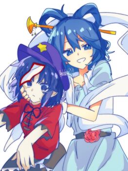 2girls @_@ blue_dress blue_eyes blue_hair chinese_clothes dress feixianji_(hairstyle) flower grin hagoromo hair_ornament hair_rings hair_stick hashtag-only_commentary hat hat_ornament jiangshi kaku_seiga miyako_yoshika multiple_girls nekodaisuki3737 newsboy_cap ofuda outstretched_arms purple_hat red_shirt shawl shirt simple_background small_sweatdrop smile star_(symbol) star_hat_ornament sweatdrop tangzhuang touhou twitter_username vest white_background white_vest zombie_pose
